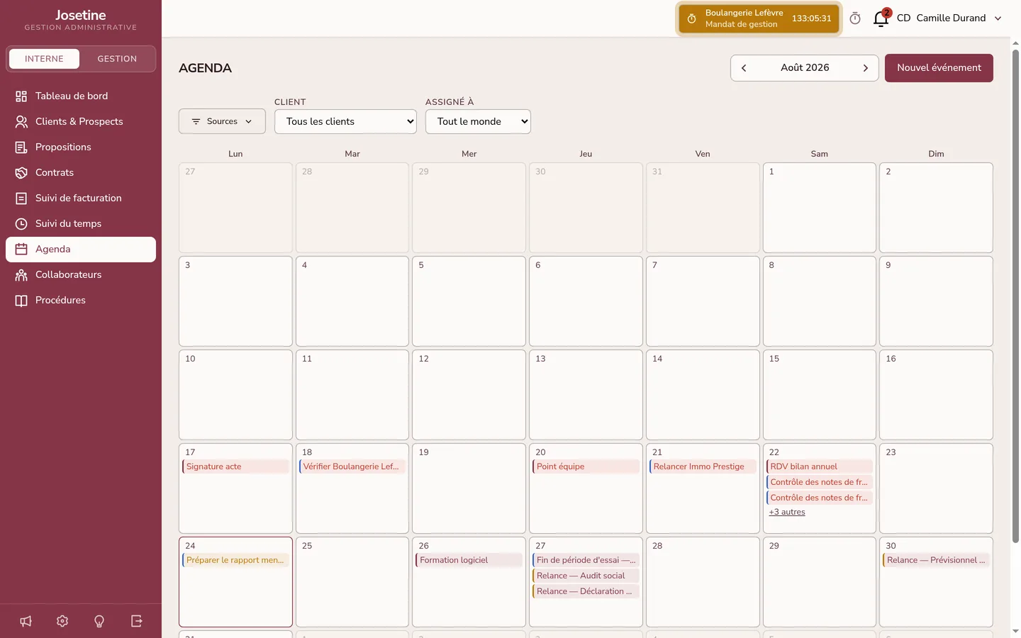 Agenda mensuel de Josetine en vue calendrier, avec ses filtres et des événements colorés répartis sur les jours du mois
