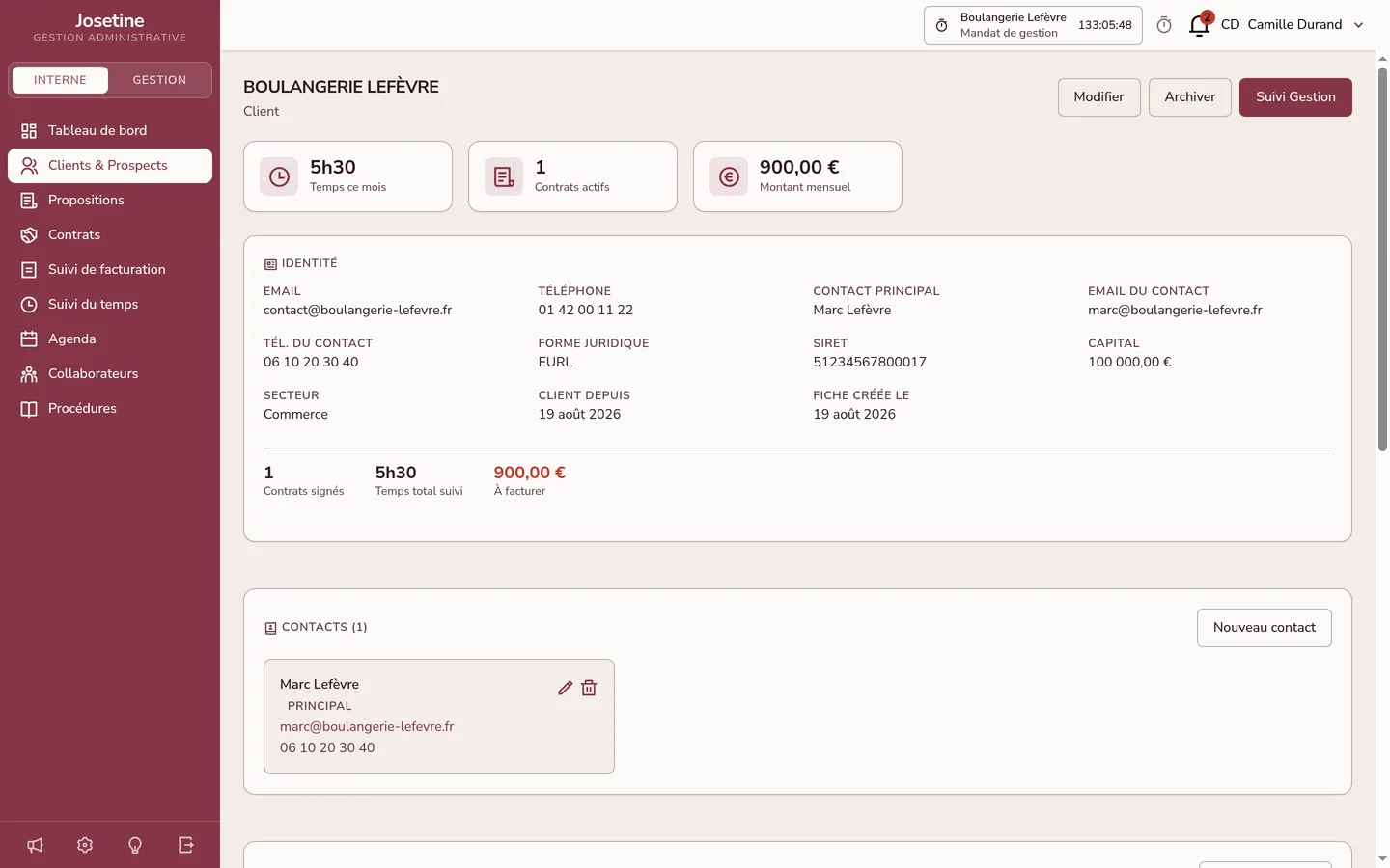 Fiche d'un client dans Josetine : indicateurs du mois en haut, identité complète de l'entreprise (SIRET, forme juridique, capital) et liste des contacts