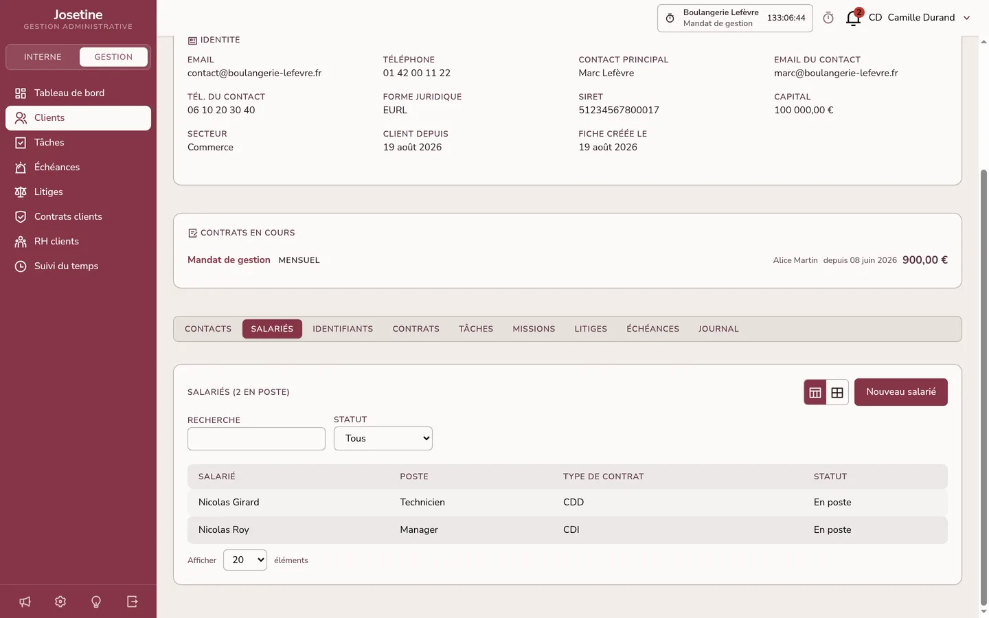 Liste des salariés d'un client : deux personnes en poste, leurs contrats CDD et CDI, et le filtre par statut
